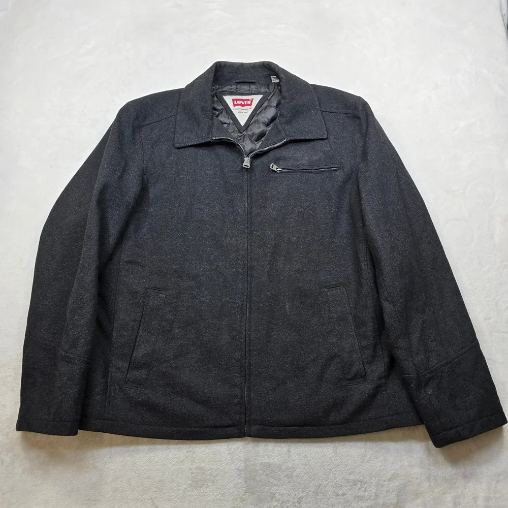 Levi Strauss Wool Bomber Jacket Mens‎ XL Dark Gray Zip Quilted Lined